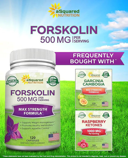 aSquared Nutrition Forskolin 500mg Max Strength -120 Capsules, Natural Supplement for Pure Weight Loss Fuel, Coleus Forskohlii Root-Forskolin Diet Pills, Belly Buster Pure Fat Burner 2X Slim Trim Lose