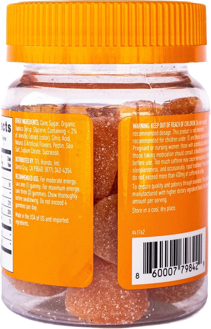 Energy Gummies, 1125 mg of Plant-Based Caffeine Chews per Bottle, Long Lasting Energy Boosters, Valencia Orange (15ct)