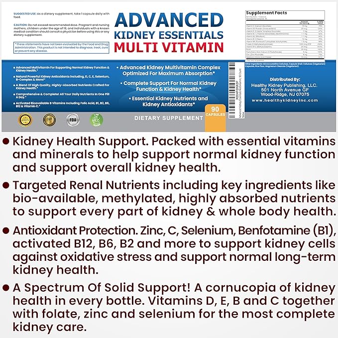 Advanced Kidney Essentials Multivitamin. Kidney Support Supplement for Complete Kidney Health. Kidney Health Supplement with Renal Vitamins 90 Caps
