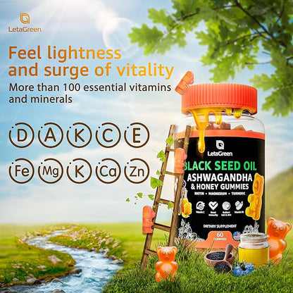 Black Seed Oil Gummies - Black Cumin Seed Oil 500mg Biotin 500mcg Ashwagandha 200mg ACV 100mg Rapeseed Honey 50mg Turmeric 20mg Beet Root 30mg Pomegranate 30mg Magnesium 50mg Vitamin B6 C