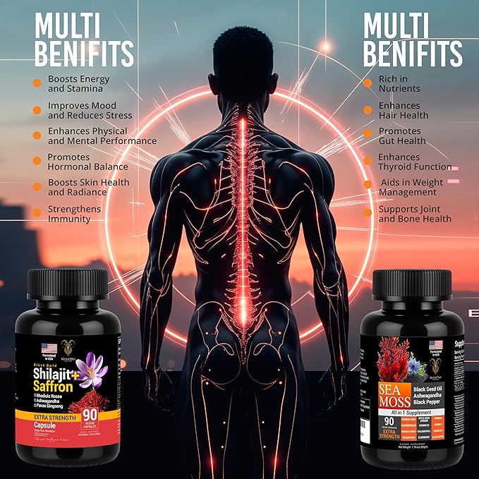 Pure Himalayan Saffron Shilajit and Sea Moss for Men & Women-Shilajit Capsules & Sea Moss Capsules Organic- Ashwagandha & Black Seed Oil Ashwagandha Burdock Root-All in One Supplement