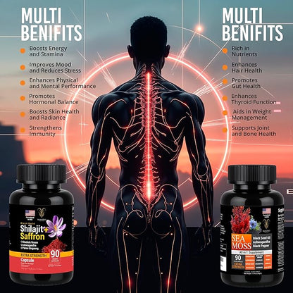 Pure Himalayan Saffron Shilajit and Sea Moss for Men & Women-Shilajit Capsules & Sea Moss Capsules Organic- Ashwagandha & Black Seed Oil Ashwagandha Burdock Root-All in One Supplement