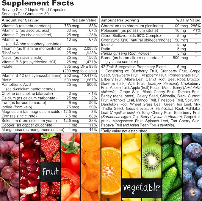 Halal Complete Multivitamin Capsules for Adults Men & Women | 42 Fruit & Vegetable Blend with Iron, Zinc, CoQ10, Folic Acid, and Vitamin A, B1, B3, B6, B12, C, D3, E | 60 Count