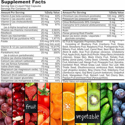 Halal Complete Multivitamin Capsules for Adults Men & Women | 42 Fruit & Vegetable Blend with Iron, Zinc, CoQ10, Folic Acid, and Vitamin A, B1, B3, B6, B12, C, D3, E | 60 Count