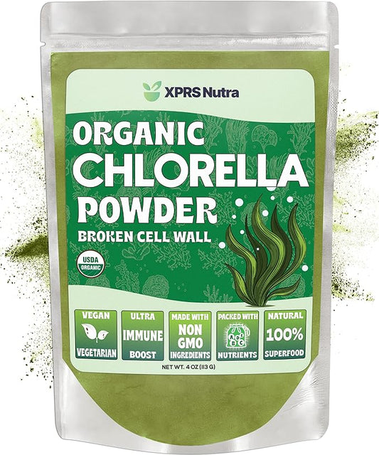 XPRS Nutra Organic Chlorella Powder - Broken Cell Wall Chlorophyll Powder - Chlorella Organic Powder for Immunity - Vegan Friendly Chlorella Powder Organic for Complete Protein (4 Ounce)