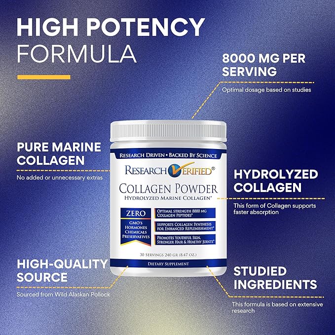 Research Verified® Collagen Powder - Hydrolyzed Marine Collagen - Unflavored - Skin Hydration and Elasticity, Muscle Recovery, Non GMO - 30 Scoops Per Container - 6 Month Supply