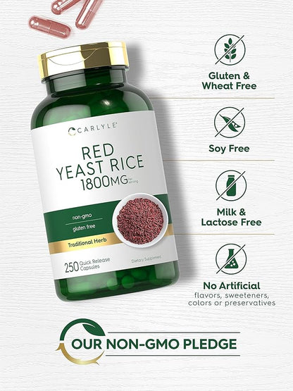 Carlyle Red Yeast Rice | 250 Capsules | Non-GMO, Gluten Free Supplement