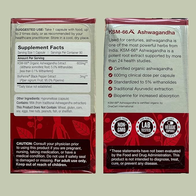 KSM-66 Ashwagandha 600mg Organic Root Extract - High Potency Supplement with 5% Withanolides | Supports Relaxation, Focus, & Energy (270 Capsules)