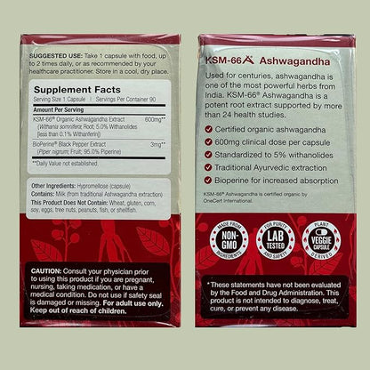 KSM-66 Ashwagandha 600mg Organic Root Extract - High Potency Supplement with 5% Withanolides | Supports Relaxation, Focus, & Energy (270 Capsules)