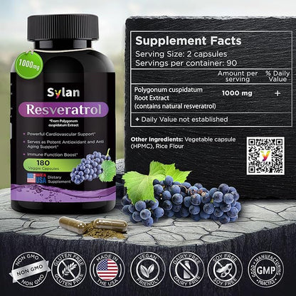SYLAN Trans Resveratrol Supplement, 1000mg, 180 Veggie Capsules, Antioxidant, Supports Heart, Joint, Brain, Immune Health & Anti-Aging, Non-GMO, Made in USA, Resveratrol 500mg Powder per Capsul