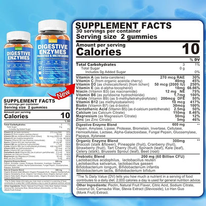 Digestive Enzymes with Probiotic Gummies, Multivitamins, Calcium, Magnesium - All 24 Essential Chewable Multi Enzymes - Papaya, Lipase, Amylase, Bromelain - Breaking Down Carbs, Proteins, Fats, 2Packs