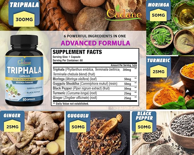 Organic Cadane Triphala Extract Capsules & Turmeric, Guggul, Ginger, Black Pepper, Moringa - Complex Supplement Herbs