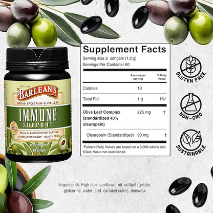 Barlean's Olive Leaf Complex Softgels Immune Support Supplement with 90 mg Oleuropein Antioxidants, Concentrated Heart Health and Immunity Booster Pills, 120 Count