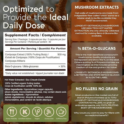Longevity Botanicals Organic Cordyceps Mushroom Extract Capsules (120) | Concentrated 10:1 Ratio | 100% Fruiting Bodies | Cordyceps Militaris Natural Supplement for Respiratory & Performance Support