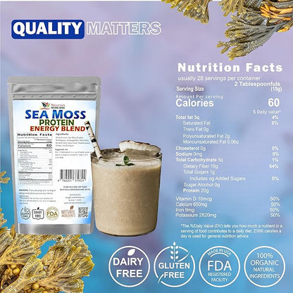 Nelcia'S Natural Herbs Sea Moss Ashwagandha Protein Powder -Natural Irish Sea Moss, Bladderwrack and Burdock Root, Black Seed and Shilajit Powder (16oz)