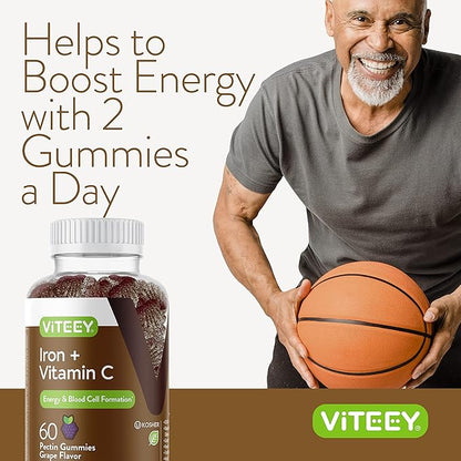 Iron Gummies 20mg + Vitamin C 26mg for Iron Deficiency and Anemia, Supports Energy, Blood Cell Formulation, Blood Builder, Vegan Supplements, Gluten Gelatin and GMO Free, Chewable Grape Gummy Chews