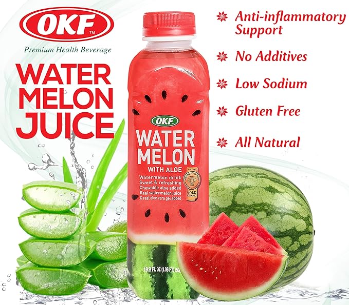 OKF Watermelon with Aloe Vera Drink, Sweet and Refreshing W/Chewable Aloe added. Real Watermelon Juice and Real Aloe Vera Gel Added, 16.9 Fluid Ounce (Pack OF 10)