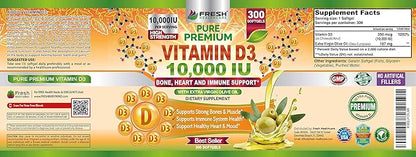 Fresh Healthcare Vitamin D3 10000 IU (250mcg) with Extra Virgin Olive Oil - Immune Support - 300 Softgels for Joints, Bone, Muscle & Mood Health - Non-GMO Vitamin D Supplement