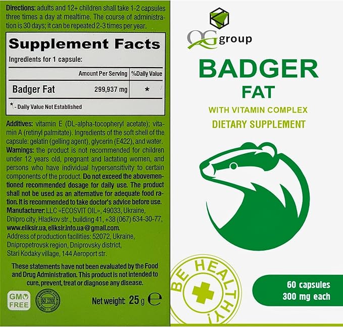QG group Badger Fat Natural Source of Polyunsaturated Fatty Acids - 60 Capsules, 300 mg Each