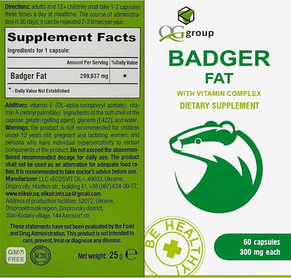 QG group Badger Fat Natural Source of Polyunsaturated Fatty Acids - 60 Capsules, 300 mg Each
