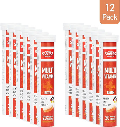 Effervescent Multivitamins + Biotin for Wellness and Vitality Dietary Supplement with Vitamins C, E, B1, B2 B6, B12, A, and D3, 12-Pack, 240 Tablets
