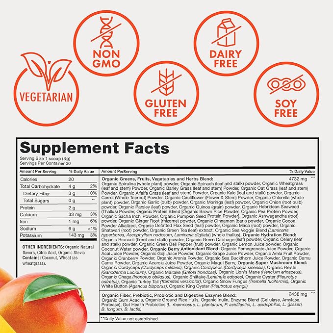 Organic Super Greens Powder, 70+ Superfoods, 0 Sugar, 3G Fiber, Spirulina, Chlorella, Antioxidants, Prebiotics/Probiotics, Digestive Enzymes, Mango, 30 Servings