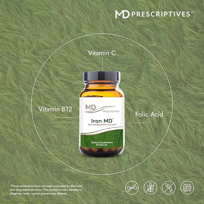 Iron MD Capsules - Daily Iron Supplement for Women & Men with Vitamin C, Vitamin B12 & Folic Acid - Optimal Absorption Formula - 60 Veg Capsules