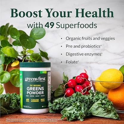 Greens First Original Greens Powder - 49 Superfoods - Organic Fruits & Veggies - Prebiotics, Probiotics & Digestive Enzymes - Antioxidant Smoothie - Dairy Free, Vegan & Non-GMO (Berry, 30 Servings)