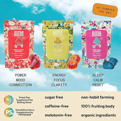 Daily Gummies (Trio Bundle) - Daily Passion, Energy, & Sleep - Mushroom Gummies - Natural, Organic, Vegan, & Sugar-Free Mushroom Supplement - Ashwagandha Supplements with Cordyceps