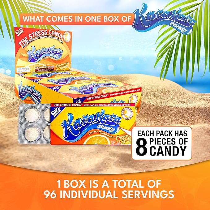 Ozia Originals Kava Kava Candy - 8 Kava Candies Per Pack, Kava Extract Stress Relief Supplement, Natural Kava Root Chill Happy Pill, Encourages Positive Mood - Orange Flavor, 1 Box (12 Packs)