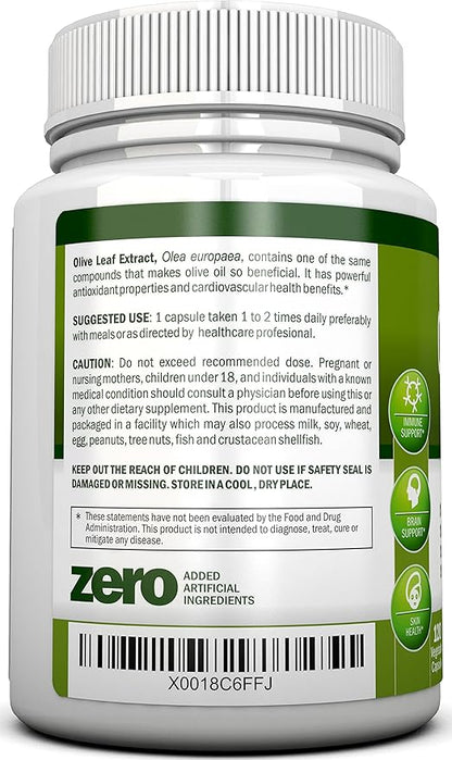 Olive Leaf Extract - 750 Mg - 120 Capsules - Extra Strength - 20% Oleuropein - Non-GMO Formula - Premium Quality From Pure Olive Leaves - Powerful Antioxidant - Great for Heart, Skin and Brain