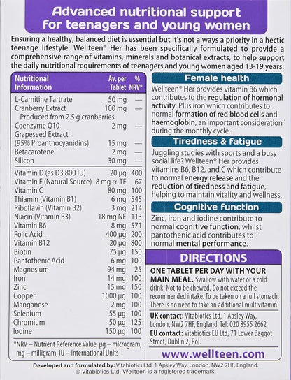 Vitabiotics Wellteen Her - Nutritional Support for Teenagers and Young Women Ages 13-19 - 30 Tablets