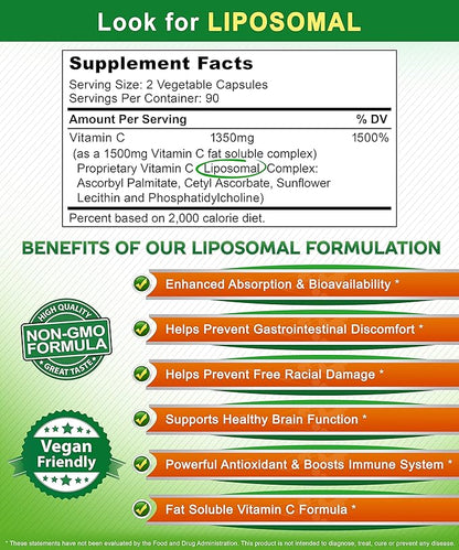 aSquared Nutrition Vitamin C Liposomal Complex - 1500mg Supplement - 180 Capsules - High Absorption VIT C Ascorbic Acid Pills - Supports Immune System & Collagen Health - 90 Servings