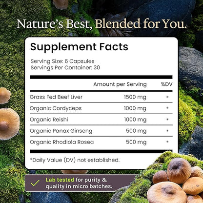 Enhanced Grass Fed Beef Liver with Reishi & Cordyceps Mushroom, Ginseng, Rhodiola - 4500mg Energy Production, Immune Support, Stress Relief, Total Body Wellness