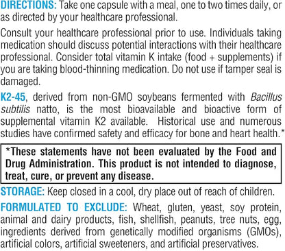 XYMOGEN K2-45 Vitamin K - Vitamin K2 MK-7 Derived from Non-GMO Soybeans - The Most Bioavailable Form of Vitamin K2 Supplement Available - Supports Cardiovascular + Bone Health (60 Capsules)