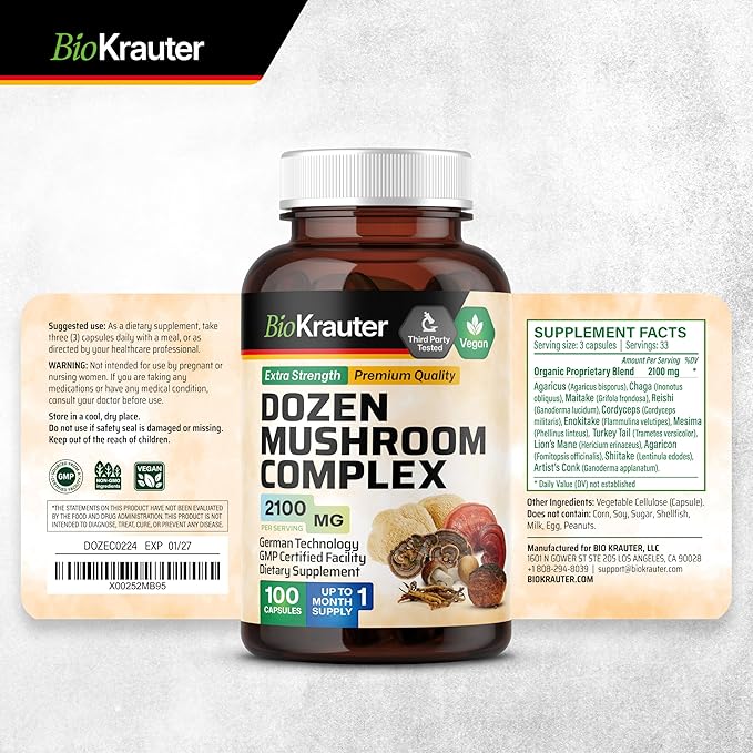 BIO KRAUTER Dozen Mushroom Complex Capsules 2100 mg Blend - 100 Vegan Caps - 12 Extracts in One Mushroom Supplement for Immune Support - Lions Mane, Reishi, Cordyceps