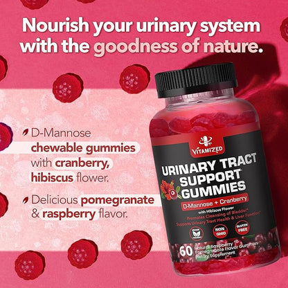 Potent Cranberry Gummies 1500mg with D Mannose - Urinary Tract Health for Women & Men, Urinary Flush & Bladder Fast-Acting Support Supplements with Hibiscus Powder, 60 Count