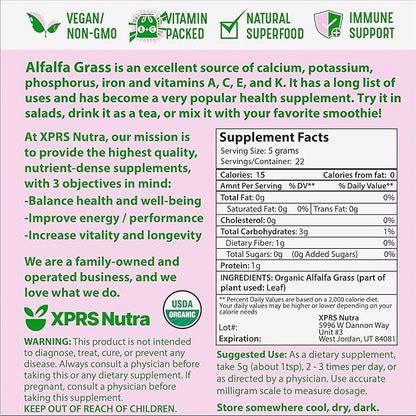 XPRS Nutra Organic Alfalfa Powder - Premium Vegan Alfalfa Supplement Rich in Calcium, Antioxidants, Vitamins - Farmer Alfalfa Supplement for Kids and Adults - Vegan Friendly Alfalfa Leaf (4 Ounce)