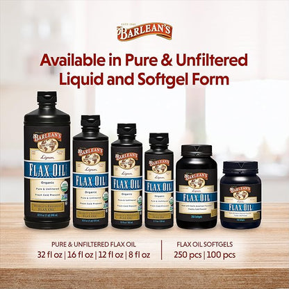 Barlean's Organic Lignan Flaxseed Oil Liquid Supplement from Cold Pressed Flax Seeds, 7,230 mg ALA Omega-3 Fatty Acids, Cold Press Flax Seeds, 32 oz