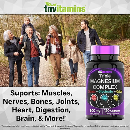 Triple Magnesium Complex Supplement 500mg: Magnesium Glycinate, Citrate, & Oxide - 120 Capsules (4 Month Supply!) | 1 Capsule Serving Provides 125% Daily Value | Non-GMO, Made in The USA!
