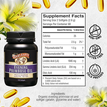 Barlean's Evening Primrose Oil Capsules, GLA Supplement for Men and Women, Healthy Skin, Immune Support and Bone Strength 1300mg Softgels, 120 Count