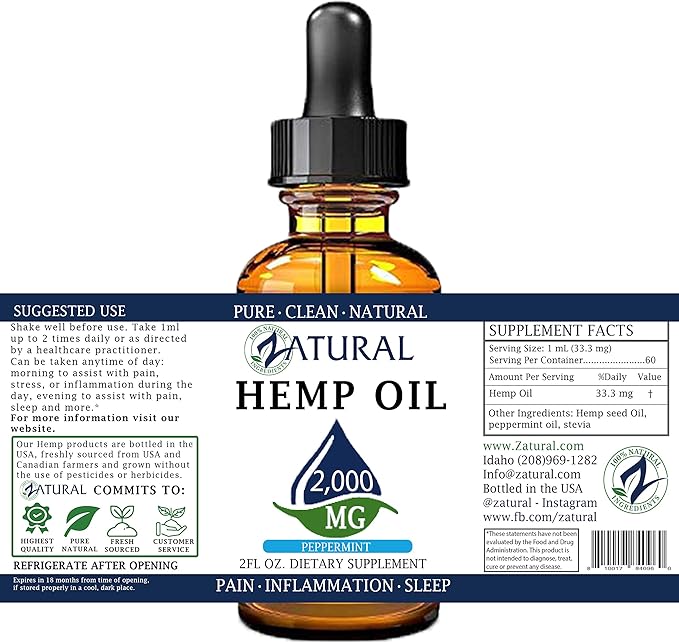 2,000mg Zatural Hemp Oil Drops: Hemp Seed Oil | High Vegan Omegas (2,000mg Peppermint)