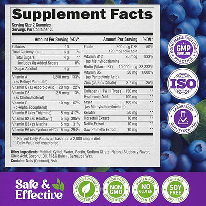 Biotin Gummies with Collagen - Hair Growth Support Skin, & Nail Strength - for Women & Men - Biotin 10000mcg | Keratin | Hyaluronic Acid | B-Complex | Saw Palmetto - Sugar-Free, Blueberry - 60 Gummy