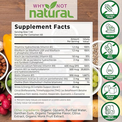 Why Not Natural Vitamin B Complex Liquid Drops - Organic Supplement for Women - Vegan and Sublingual Forms of B1 B2 B3 B5 B6 Biotin Folate and Choline - Plus Blend for Energy Support