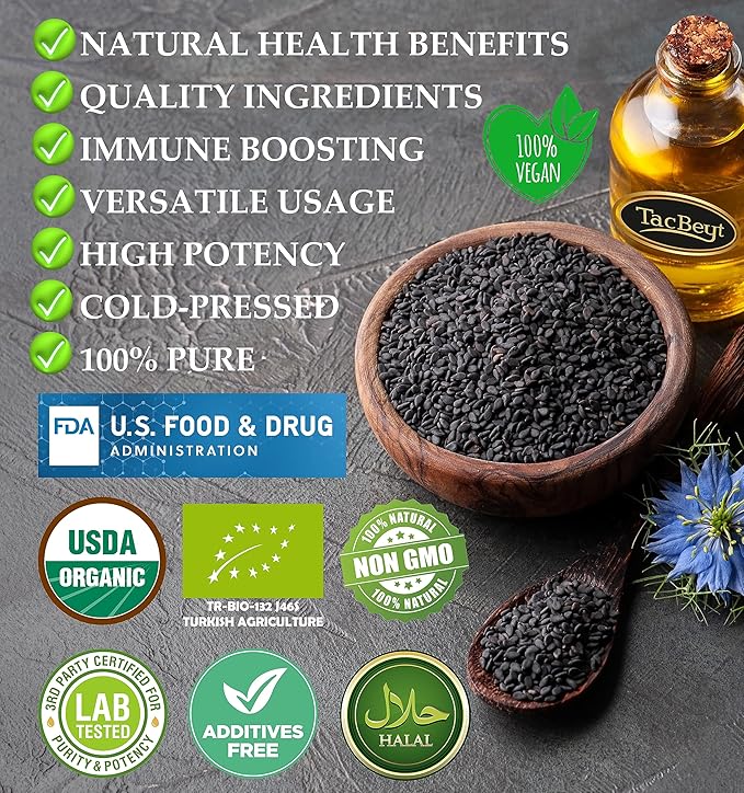 100% Organic Black Seed Oil, 2% Thymoquinone, 3% Volatile Oil, Turkish Liquid, USDA Certified, Gluten Free, Non GMO, Cold-Pressed, (Original 3.38 Fl Oz)