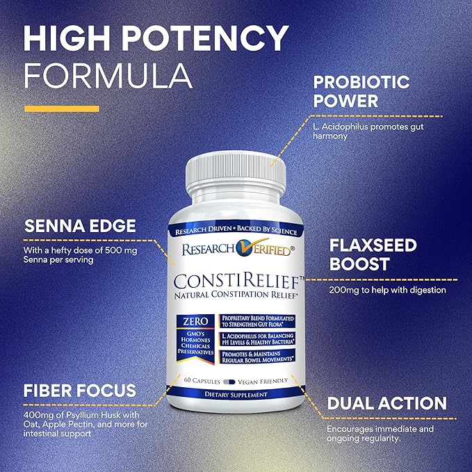 Research Verified ConstiRelief - The best Supplement for Constipation Relief on the market - with L. Acidophilus for long term health and prevention. 100% back guarantee! (Pack of 3)