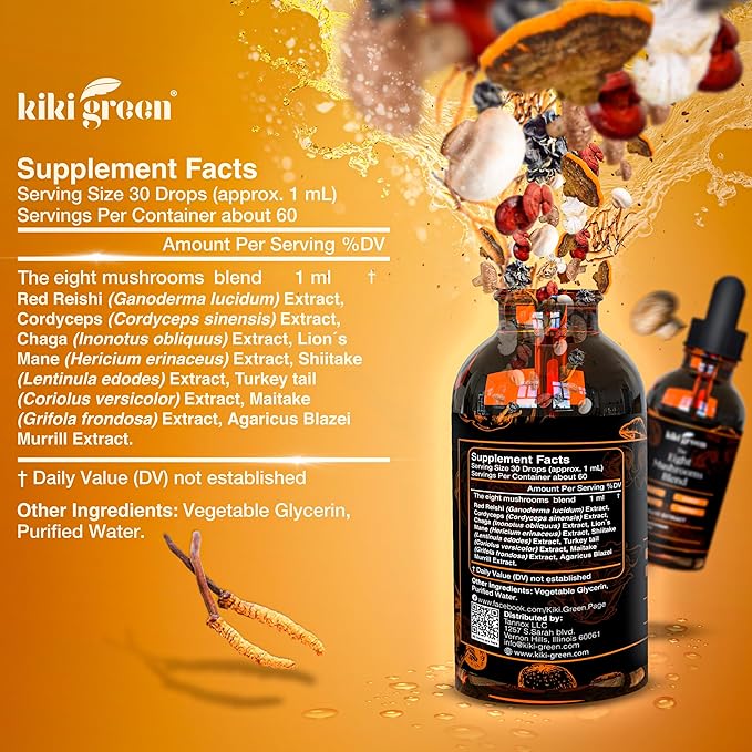 Kiki Green 8 Mushrooms Liquid Extract Drops - Adaptogenic Complex for Cognitive Support, Immunity Boost - Lions Mane Supplement, Cordyceps, Chaga, Reishi, Shiitake, Maitake, Red Reishi