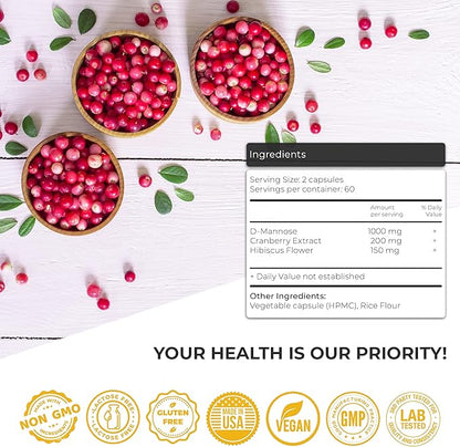 Urinary Tract Infection Treatments D Mannose 1000mg Capsules - Potent D-Mannose & Cranberry Pills with Hibiscus Extract - Strength Urinary Tract Support, Healthy Bladder Control (120 Capsules)