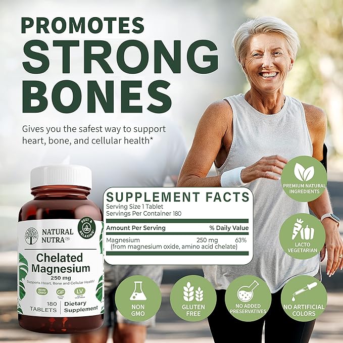 Natural Nutra Chelated Magnesium Oxide 250 mg - High Absorption for Strong Bones, Heart Health, Energy Boost, Gluten-Free, Non-GMO, 180 Tablets (2 Pack) in BPA-Free Recyclable Glass Bottles