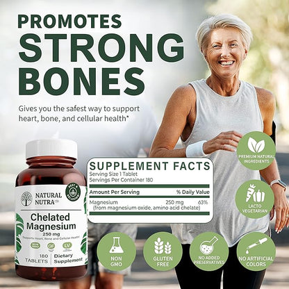 Natural Nutra Chelated Magnesium Oxide 250 mg - High Absorption for Strong Bones, Heart Health, Energy Boost, Gluten-Free, Non-GMO, 180 Tablets (2 Pack) in BPA-Free Recyclable Glass Bottles